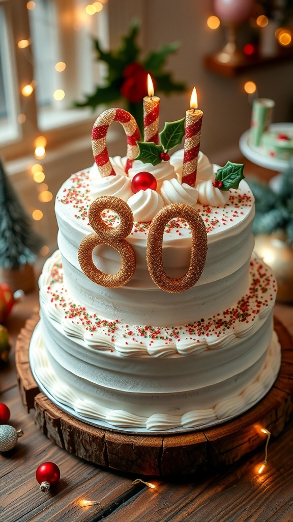 A festive 80th birthday Christmas cake with vanilla layers, white frosting, and holiday decorations on a wooden table.